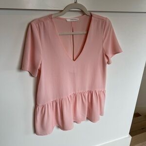 Caramela Pink Peplum Blouse with Sleeves V Neck Open Back Preppy